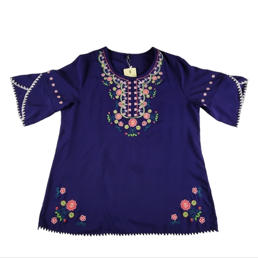 Ashir Aley Floral Embroidered Peasant Tunic Blouse Size L NWT